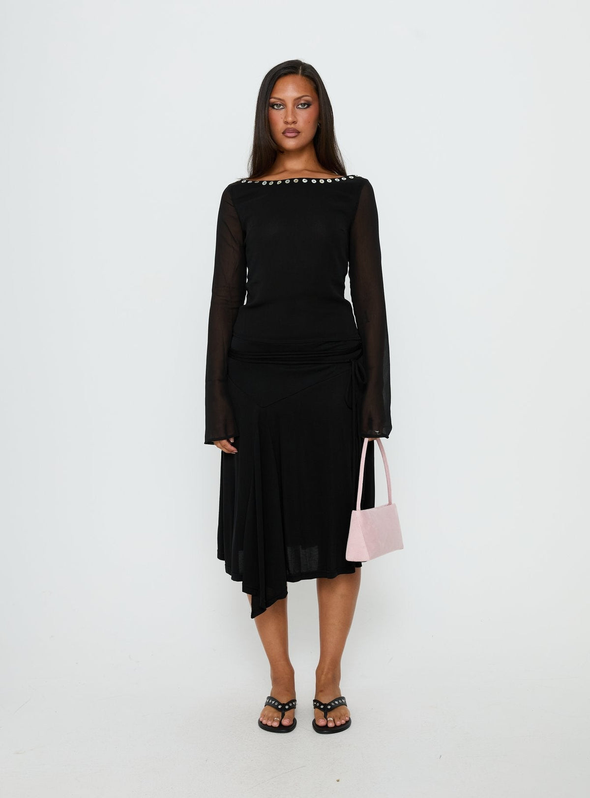Joaney Tie Side Jersey Midi Skirt Black