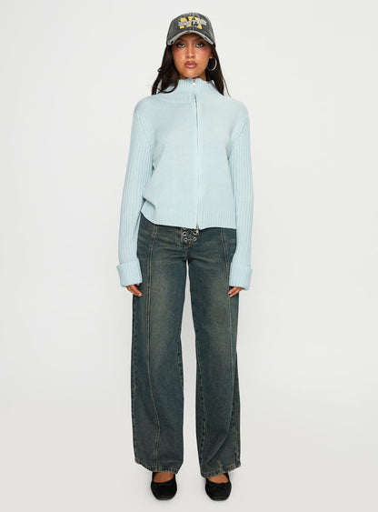 Show Off Zip Through Knit Sweater Blue