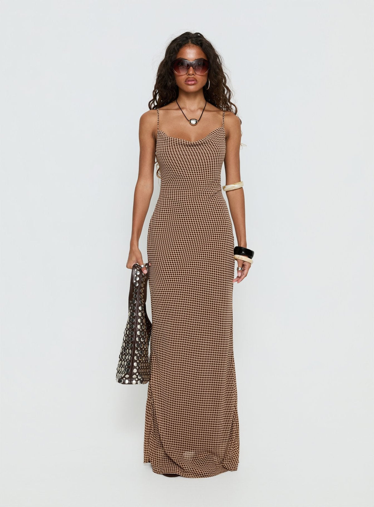 Aliah Cowl Neck Maxi Dress Brown Polka Dot