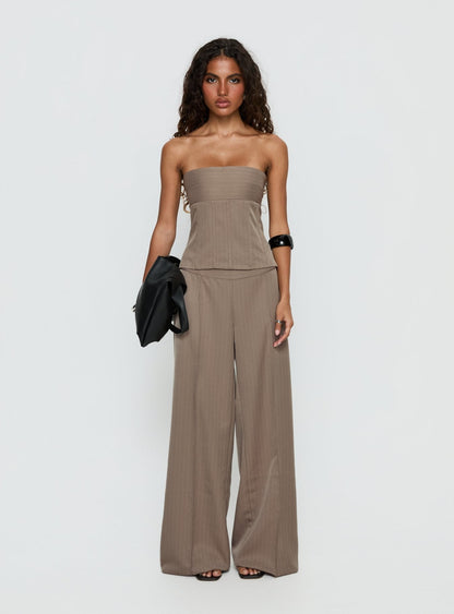 Madelle Strapless Tie Up Top Brown Pinstripe