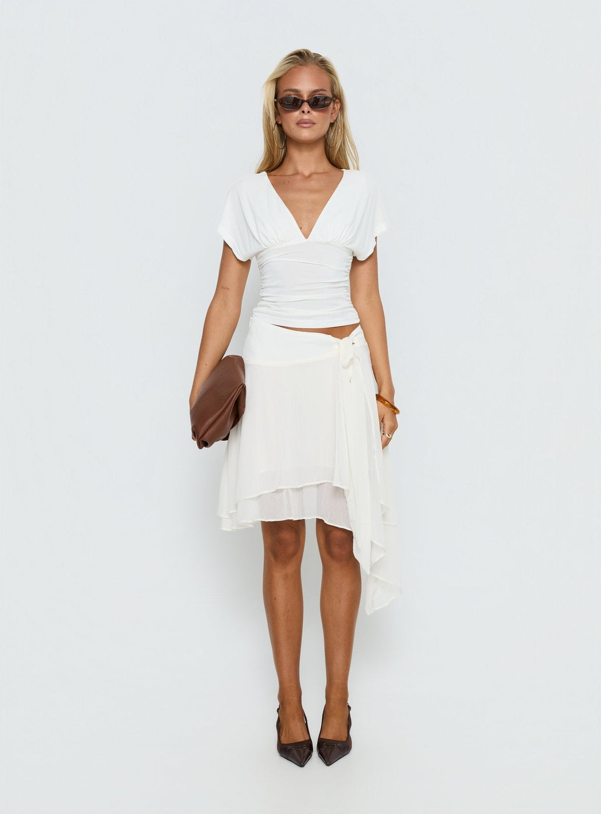 Ophella Tie Waist Chiffon Midi Skirt Cream