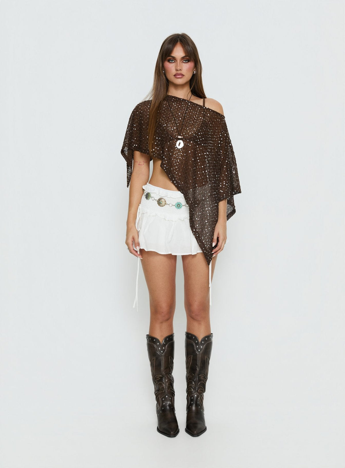 Grotto Asymmetrical Boat Neck Poncho Brown Sparkle