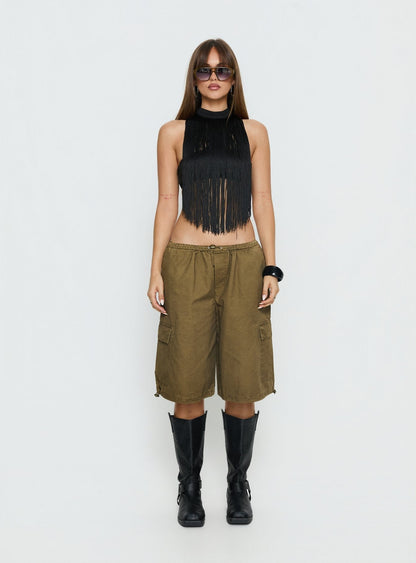 Zephyrine Fringe Asymmetrical Halter Top Black