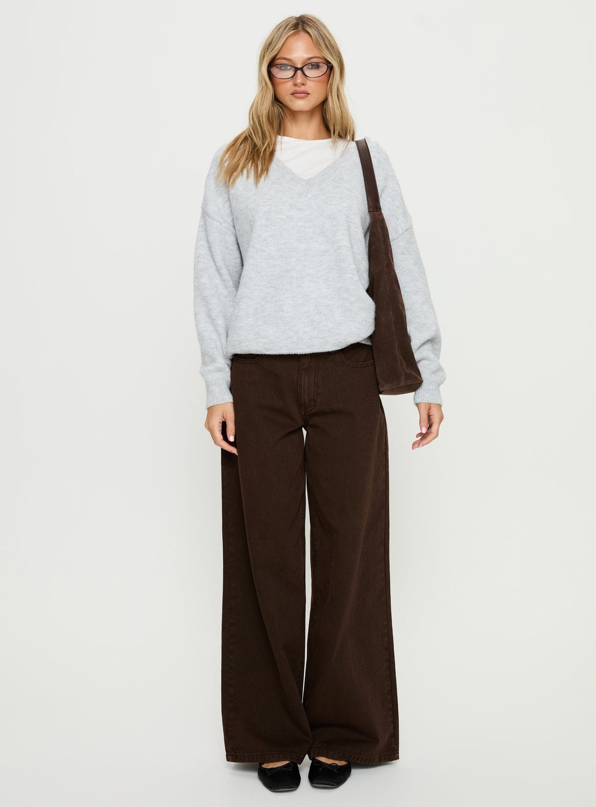 Stay The Night V Neck Knit Sweater Grey Marle