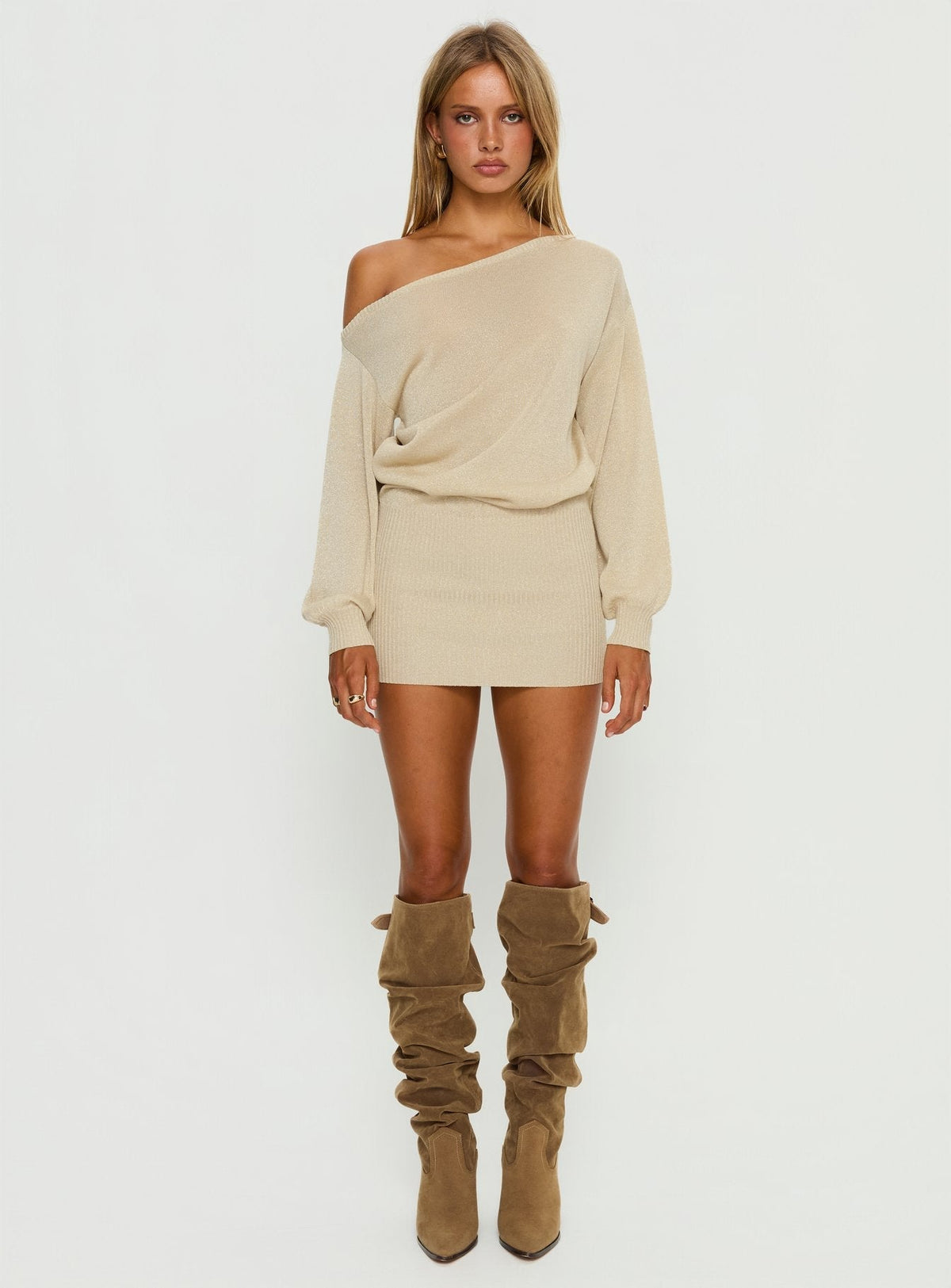 Johannah Off Shoulder Long Sleeve Knit Mini Dress Gold