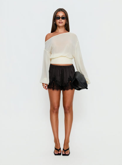 Parisse Satin Lace Trim Shorts Black