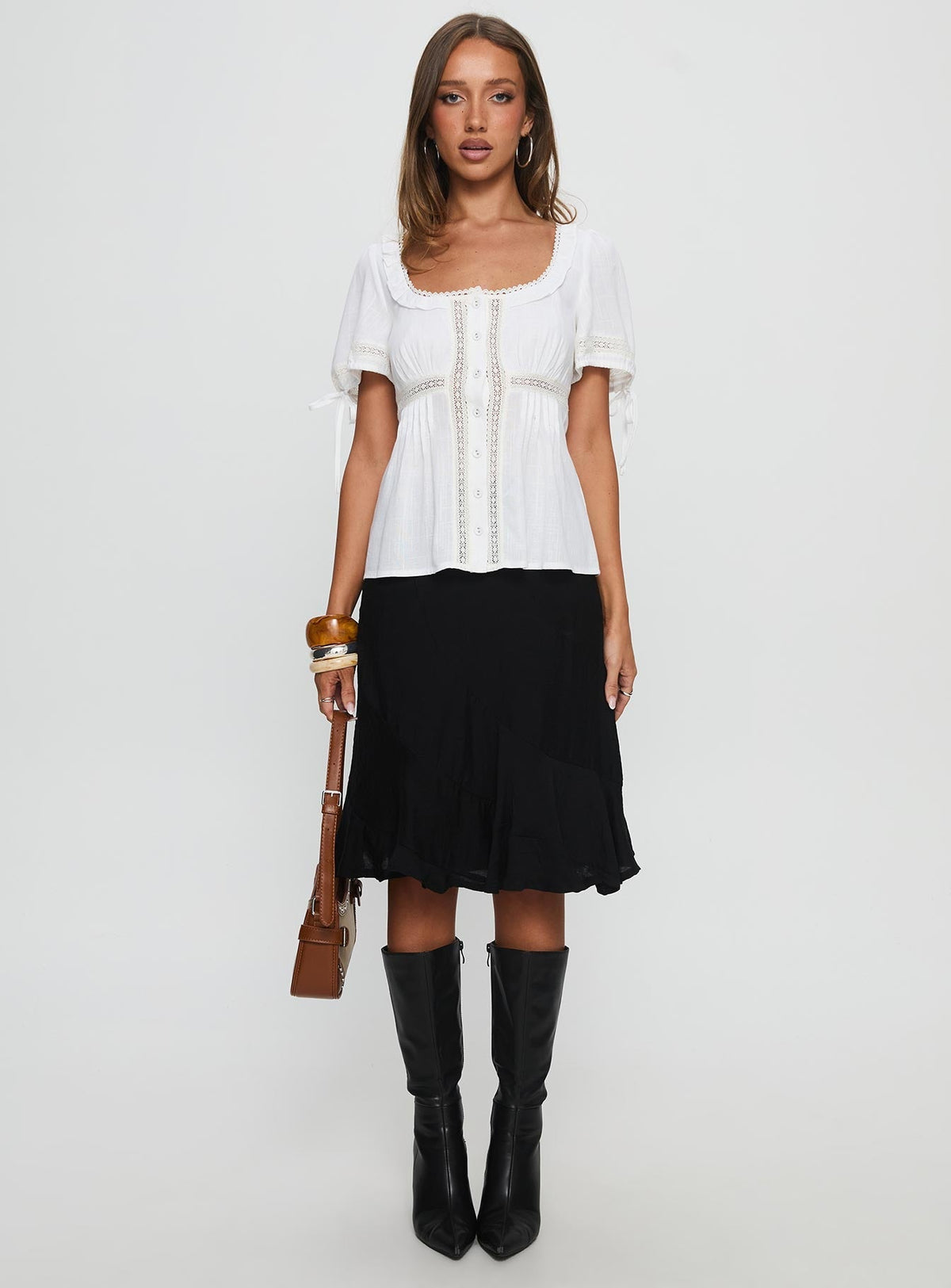 Indianah Pleat Lace Panel Blouse Top White