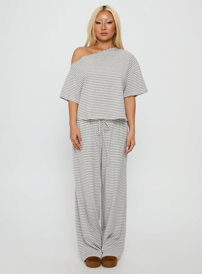 Tobie Off Shoulder Sleep Set Grey Stripe