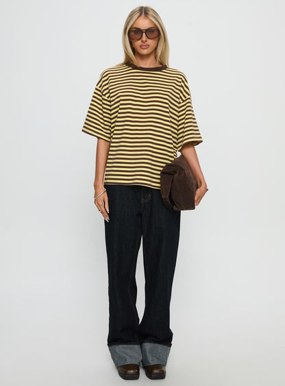 Settle Down Short Sleeve Top Yellow / Brown Stripe