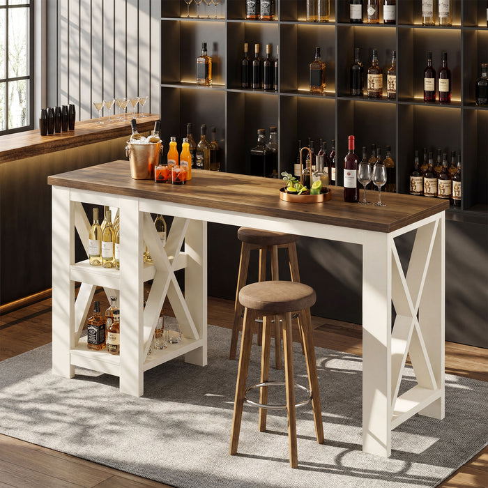 62.2" Bar Table with Storage Shelves, Farmhouse Counter Height Pub Table for Kitchen