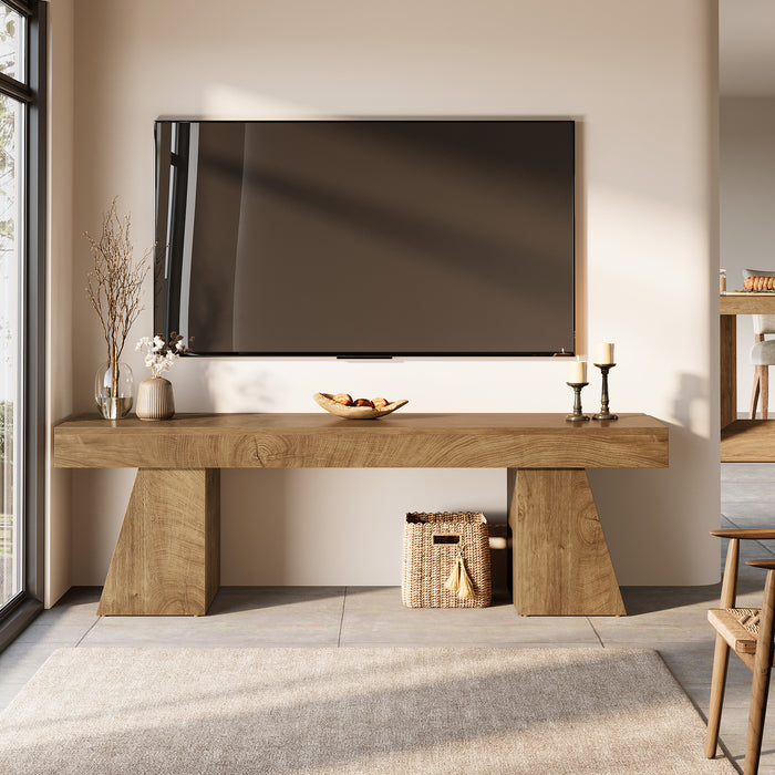 63" TV Stand, Farmhouse Entertainment Center with Geometric Pedestal for 55-75-Inch TVs