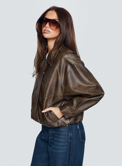 Mixtape Faux Leather Collared Jacket Brown