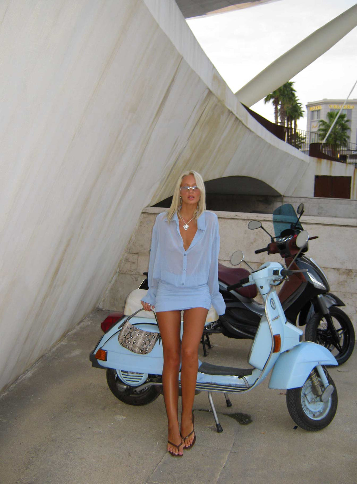 Moonrising Long Sleeve Sheer Blouson Mini Dress Blue
