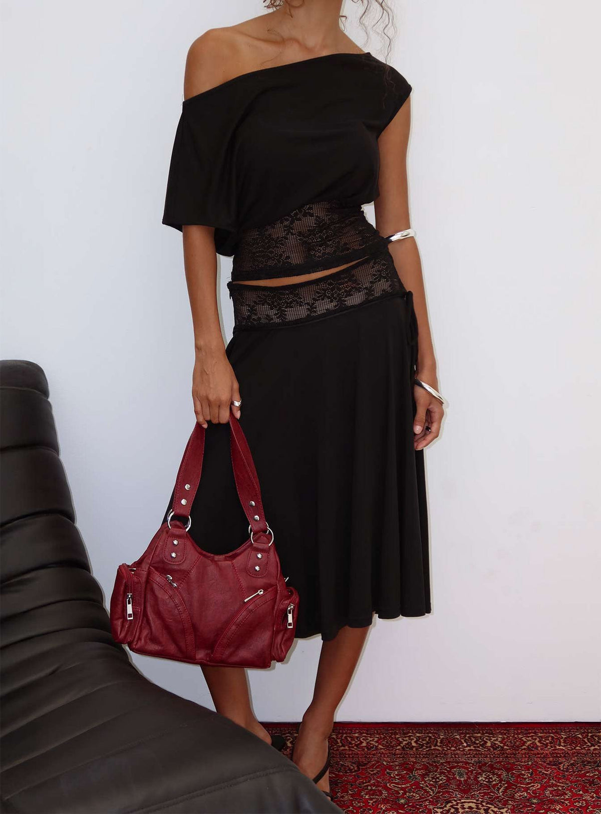 Marienna One Shoulder Lace Top Black