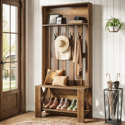 70.8" Freestanding Hall Tree, Coat Rack with Shoe Bench and Hooks