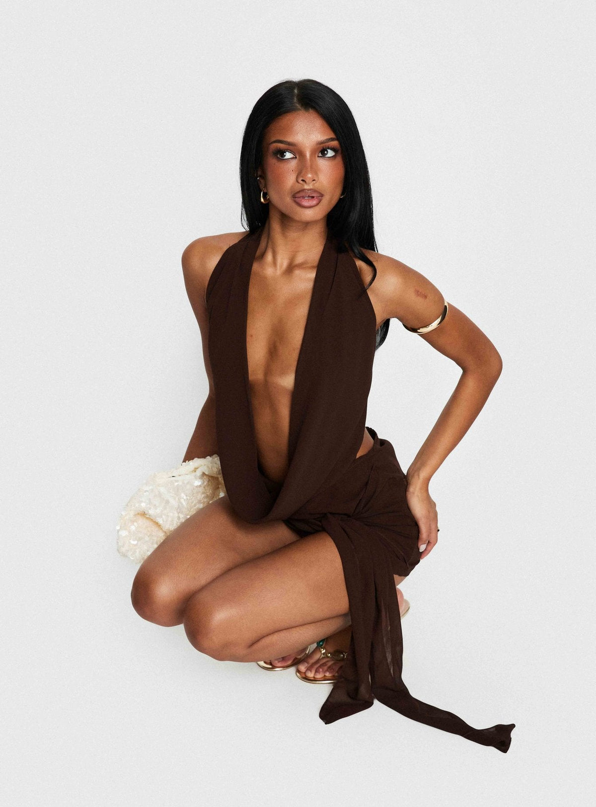 Snakepit Halter Plunge Mini Dress Chocolate
