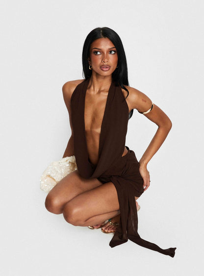 Snakepit Halter Plunge Mini Dress Chocolate