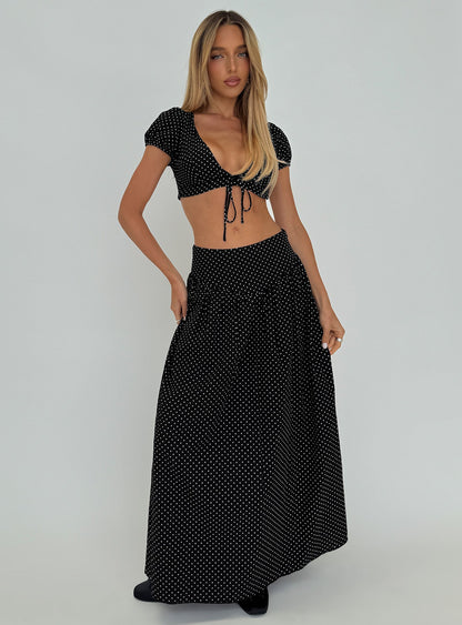 Alletta Drop Waist Maxi Skirt Black Polka