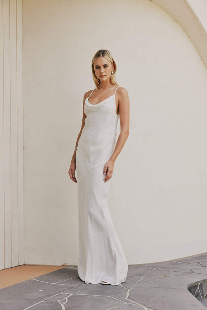 CURAAE Bella Maxi Cowl Neck Pinstripe Slip Dress In White