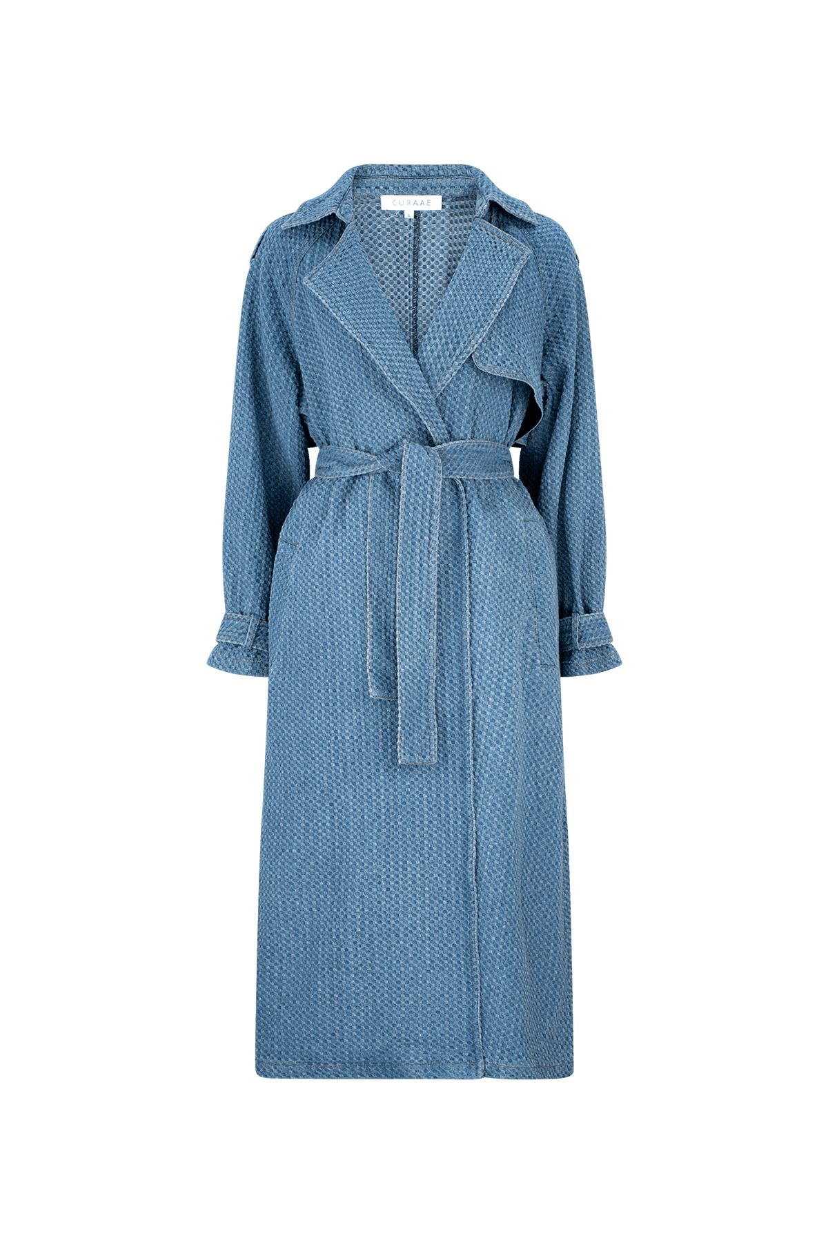 CURAAE Aurora Long Denim Textured Tie Trench