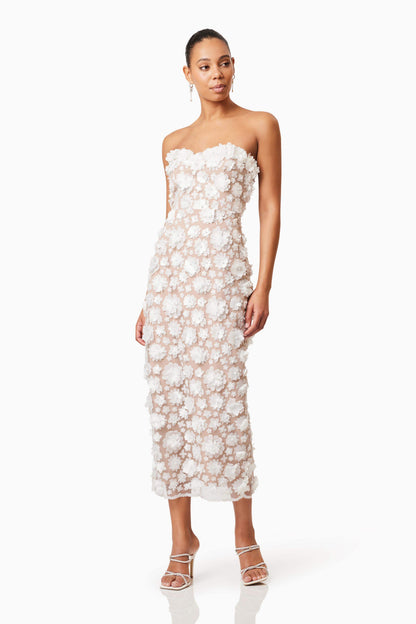 Bluebell Strapless 3D Midi Dress in White