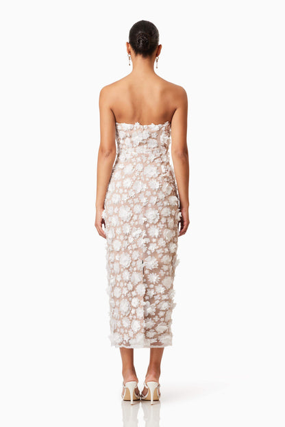 Bluebell Strapless 3D Midi Dress in White