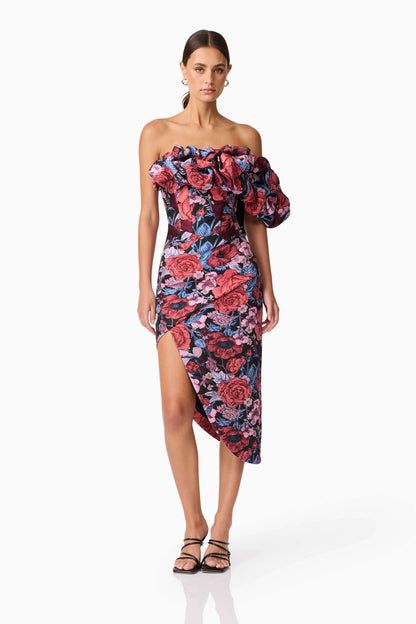 Delphine Off The Shoulder Midi Dress in Pink & Back Floral