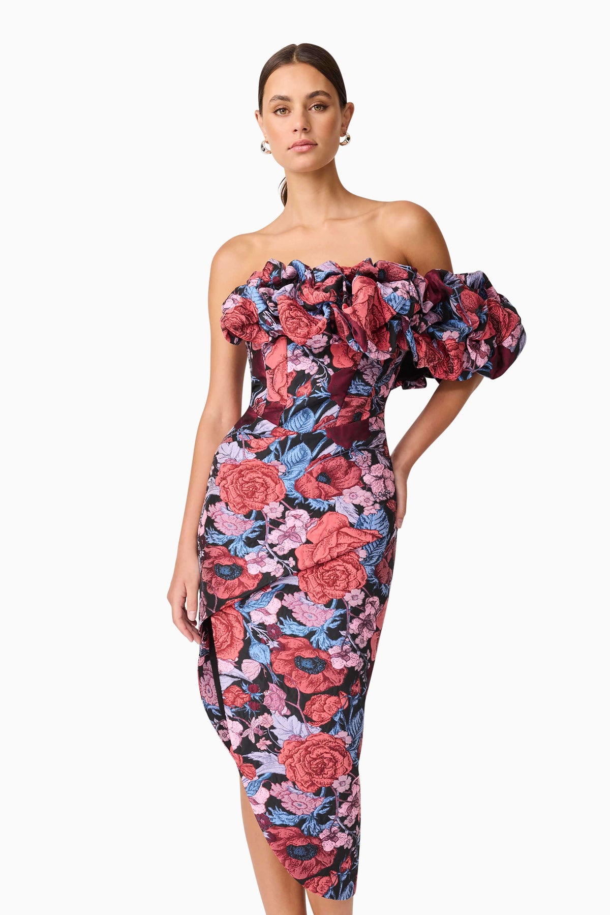 Delphine Off The Shoulder Midi Dress in Pink & Back Floral