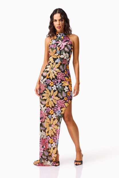 Kiran Halter Gown in Orange Floral