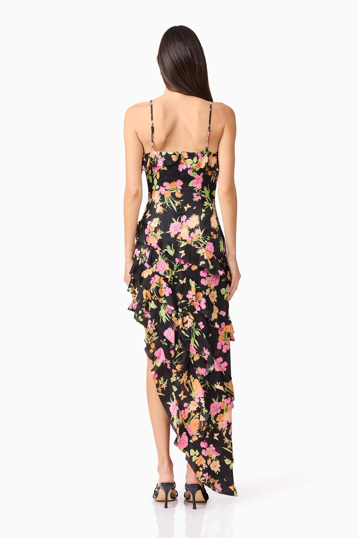 Tess Floral Asymmetrical Maxi Dress in Black
