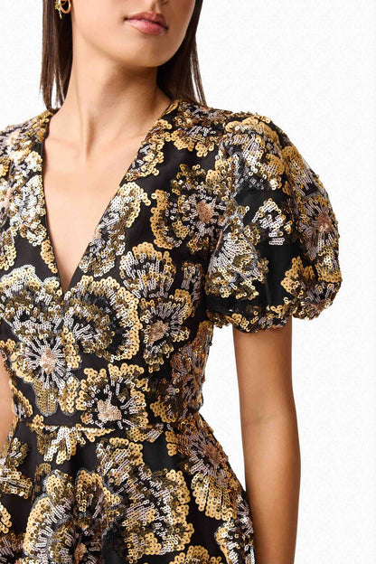 Celeste Puff Sleeve Mini Dress in Black and Gold