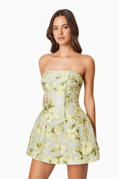 Darner Strapless Mini Dress in Green Floral
