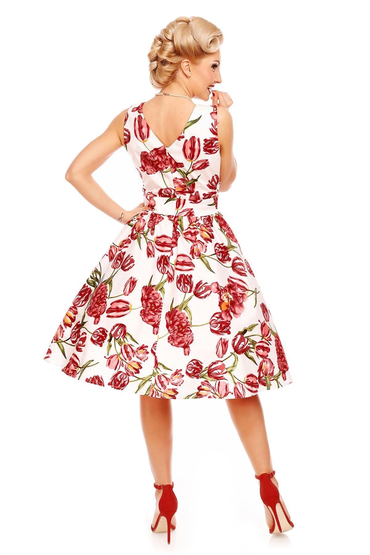 May V-neck 50s Style Floral Dress in White-Pink Tulip