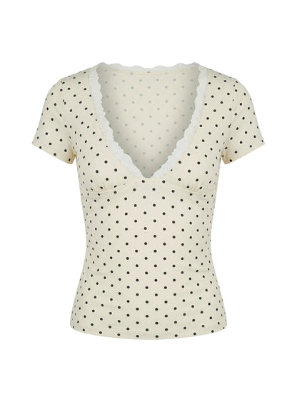 Amia Lace V Neck Top Cream Polka Dot