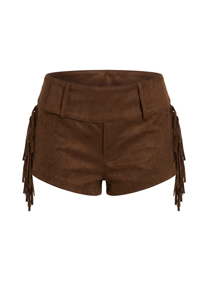 Dakohda Faux Suede Fringe Micro Short Chocolate Brown