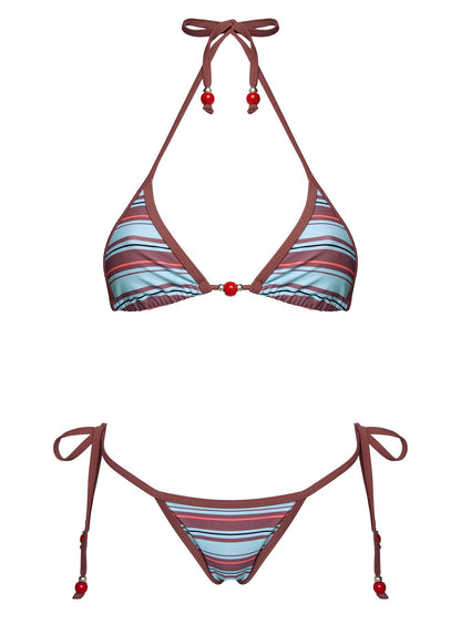 Mikaya Beaded Triangle Bikini Top Blue / Brown Stripe