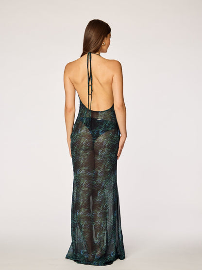 NAYA - Sheer Low Back Maxi Dress • Dark Jungle