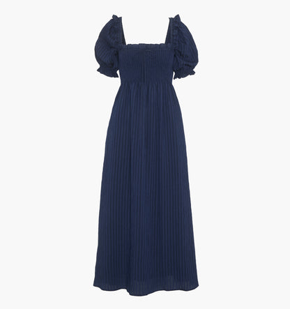 The Scarlett Midi Nap Dress - Navy Tonal Seersucker