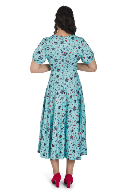 Julia Blue Rockabilly Swallow Sleeved Dress