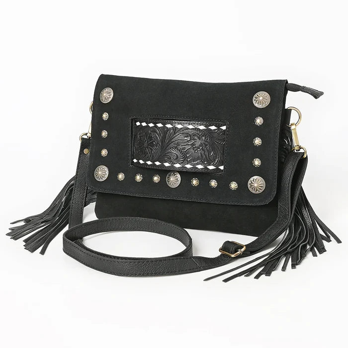 American Darling Genuine Suede Tooled Leather Inlay Fringe Crossbody Bag