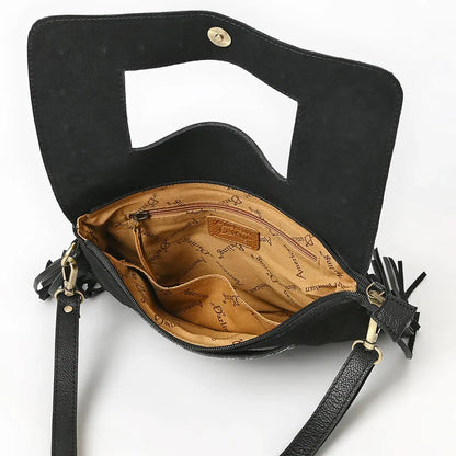 American Darling Genuine Suede Tooled Leather Inlay Fringe Crossbody Bag