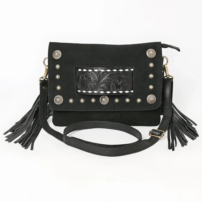 American Darling Genuine Suede Tooled Leather Inlay Fringe Crossbody Bag