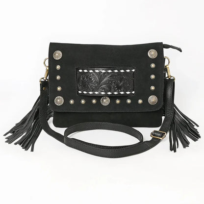 American Darling Genuine Suede Tooled Leather Inlay Fringe Crossbody Bag