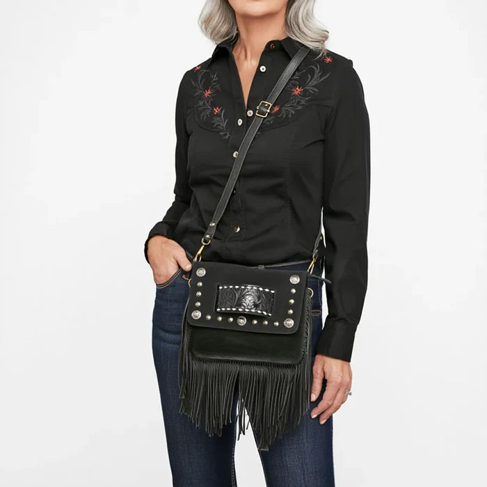 American Darling Genuine Suede Tooled Leather Inlay Fringe Crossbody Bag