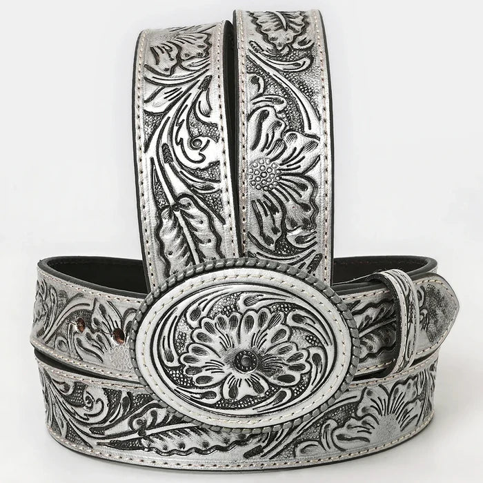 American Darling Silver Western Floral Tooled Leather Belt with Buckle