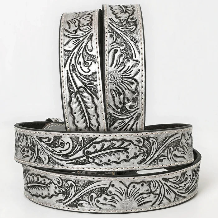 American Darling Silver Western Floral Tooled Leather Belt with Buckle