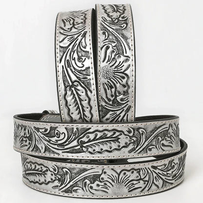 American Darling Silver Western Floral Tooled Leather Belt with Buckle