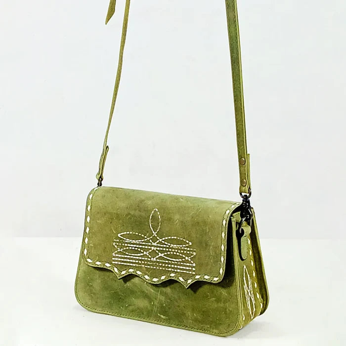 American Darling Western Boot Stitch Distressed Green Leather Crossbody Bag