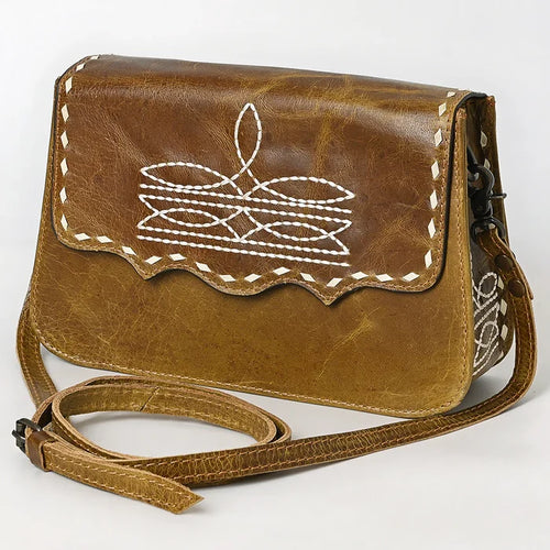 American Darling Western Boot Stitch Distressed Tan Leather Crossbody Bag