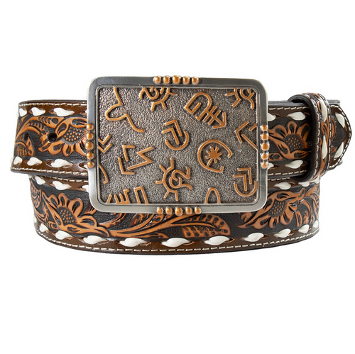 Angel Ranch Women's Floral Embossed with Cattle Brand Buckle Brown Belt